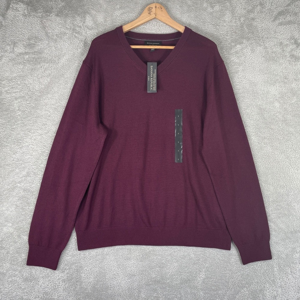 Banana Republic Sweater Mens Large Burgundy 100% Merino Wool V-Neck Pullover